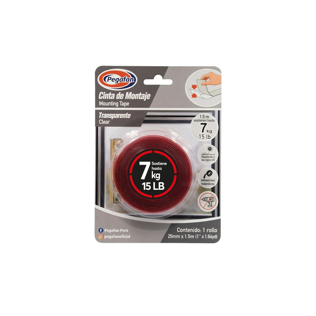 [0010102001481] CINTA MONTAJE TRANSP 25MM X 1.5M (36) PEGAFAN