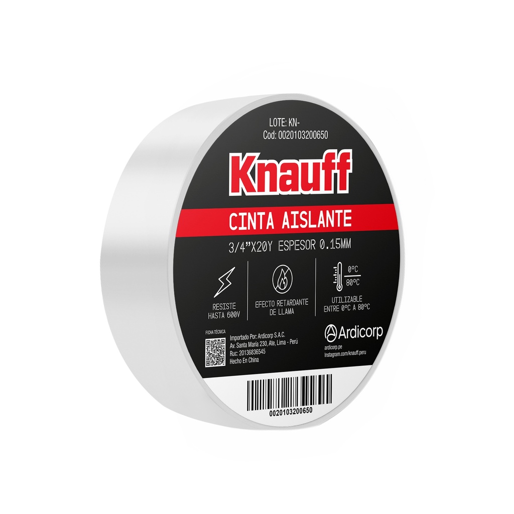 [0020103200650] CINTA AISLANTE COLOR BLANCO 3/4" X 20Y KNAUFF