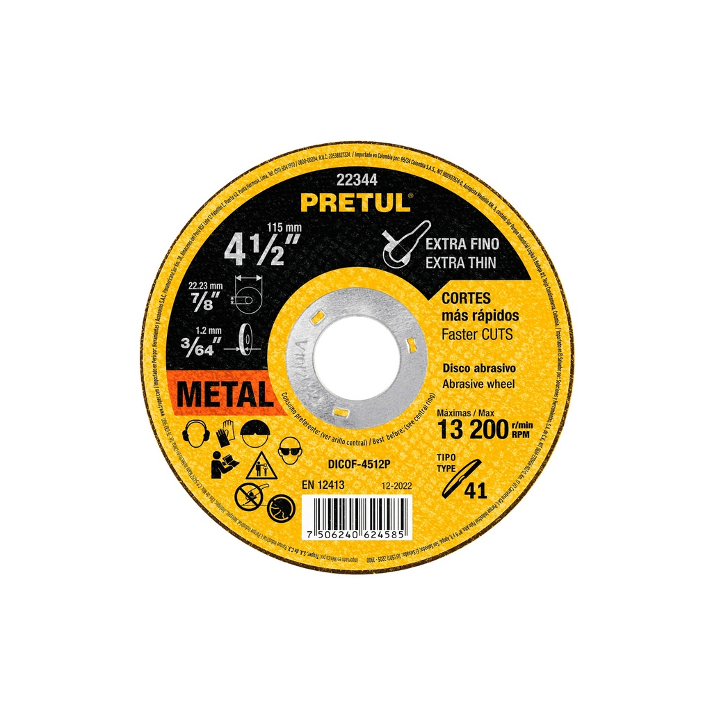[0100102200566] DISCO CORTE METAL 4 1/2" 1.2MM (10) 22344 PRETUL