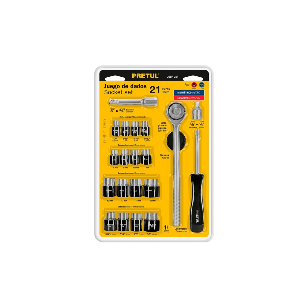 [0100905200300] JUEGO RATCHET 3/8" 21 PZAS 21162 PRETUL