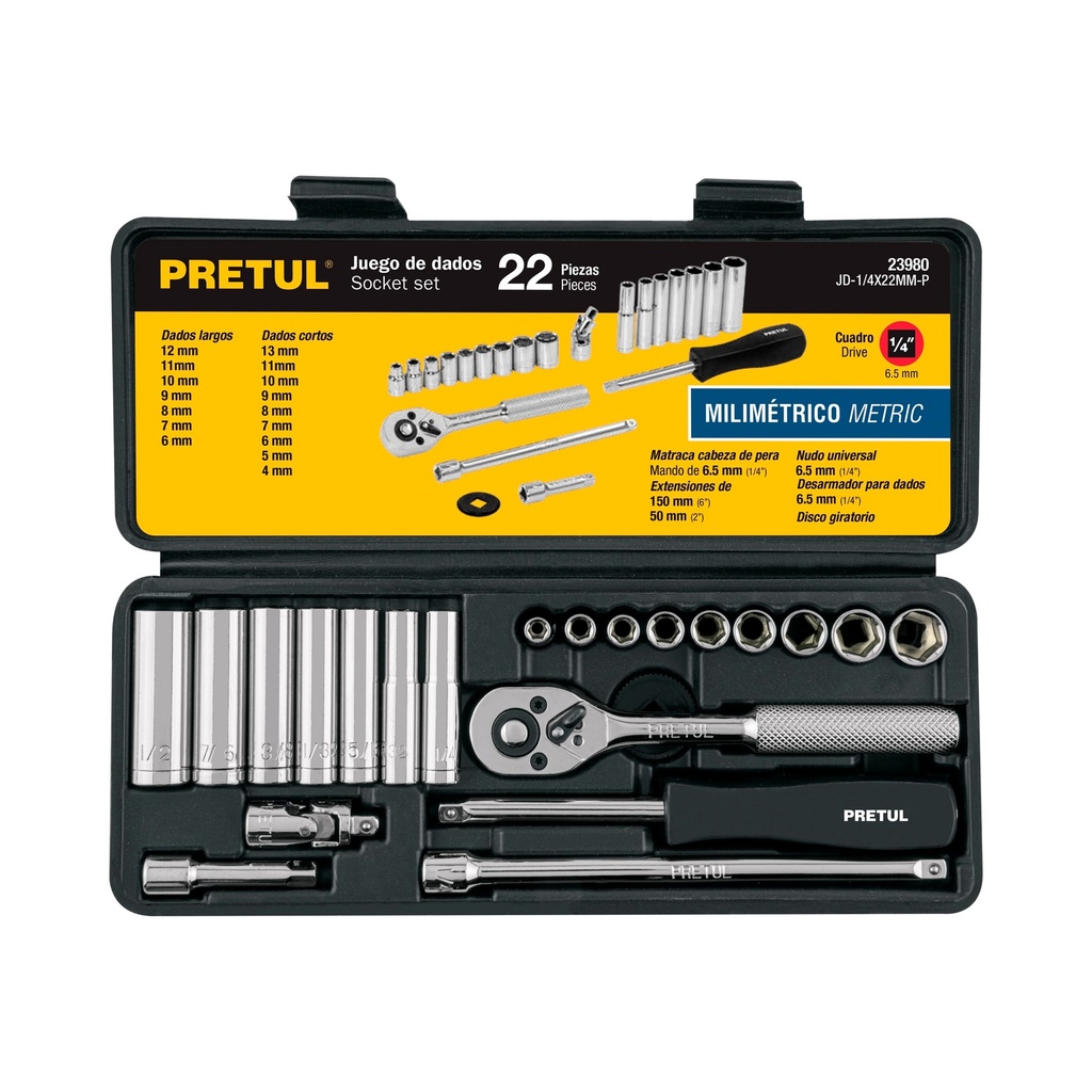JGO DADOS MM ENCASTRE 1/4" X 22 PZ 23980 PRETUL