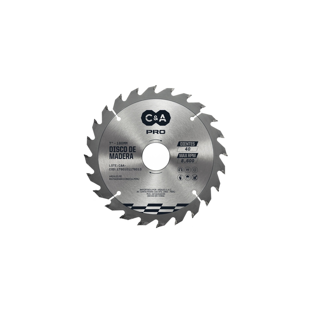 [1760101176013] DISCO DE CORTE D/MADERA 40 DIENTES 7" C&A PRO