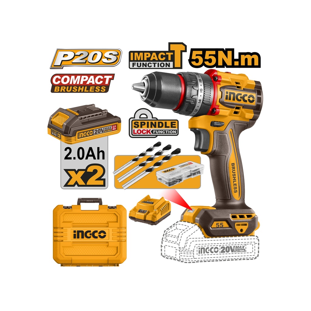 [1830103200371] TALADRO ATORN. INALAM. 1/2" 20V 55NM C/ACCESORIOS CDLI205582 INGCO