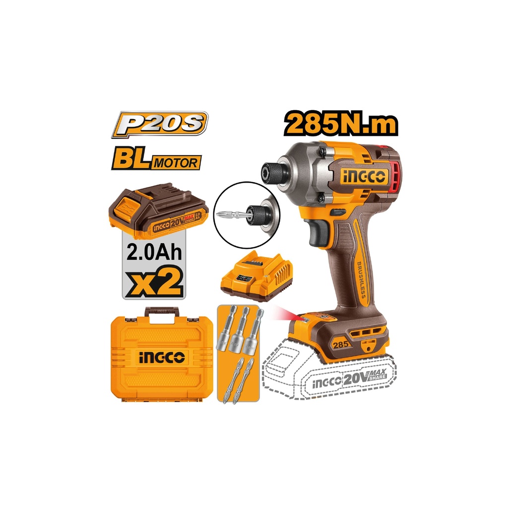 [1830103200702] TALADRO IMPACTO INALAM. 20V 285NM C/ACCESORIOS CIRLI2028 INGCO