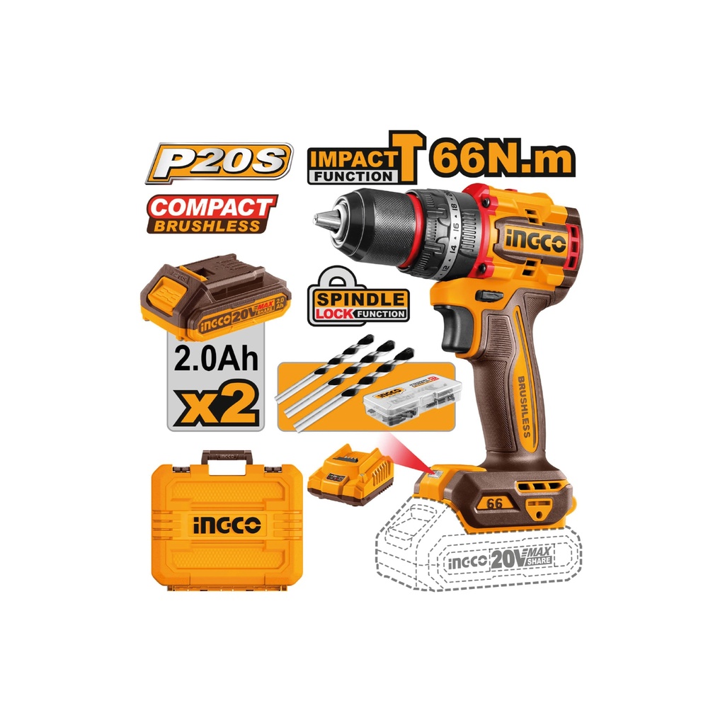 [1830103200703] TALADRO PERC. INALAM. 1/2" 20V 66NM C/ACCESORIOS CIDLI20668 INGCO