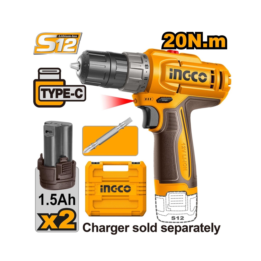 [1830103201036] TALADRO ATORN. INALAM. 3/8" 12V 20NM C/ACCESORIOS CDLI12206 INGCO